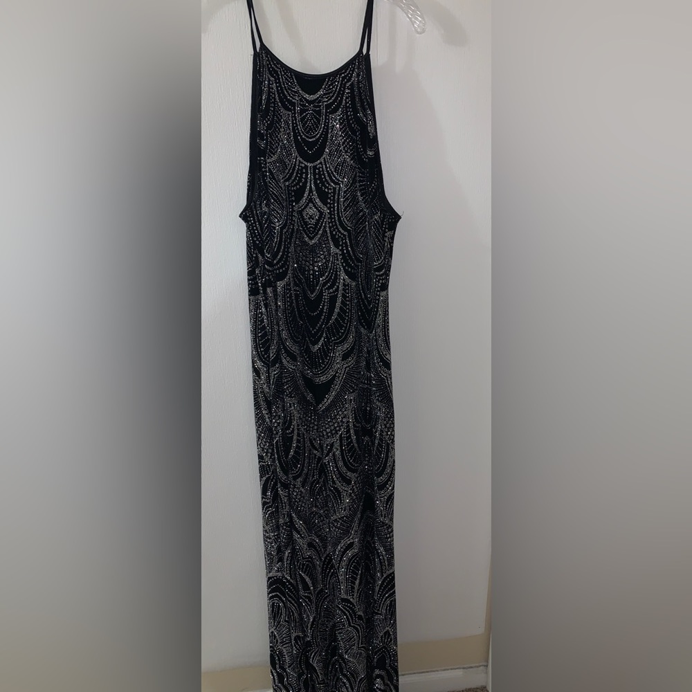 042 Blue sage floor length glitter dress